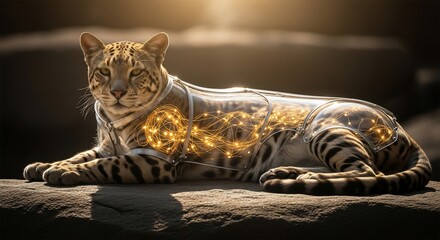 Leopard in Futuristic Armor with Glowing Lights, Lying on Stone Surface