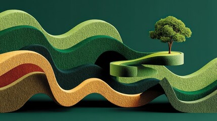 Abstract Green Hills  Solitary Tree  Nature Landscape  Eco Friendly Design  3D Render  Cin