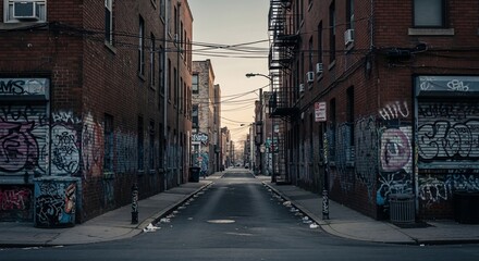 Narrow Urban Alleyway with Graffiti Art, Brick Buildings, and Atmospheric Lighting.