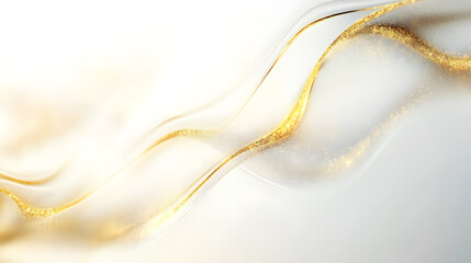 un fondo blanco con dorado con lineas elegantes en movimiento en curva con pintura dorada degradada