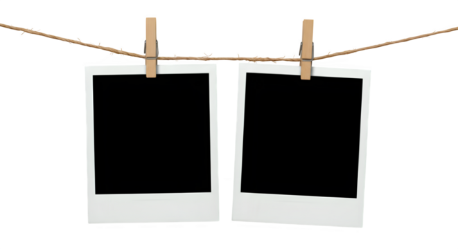 Two blank Polaroid photo frames clipped to a rope with wooden pegs, isolated on white or transparent background. PNG, perfect for nostalgia-themed designs, scrapbooks, or memory placeholders.