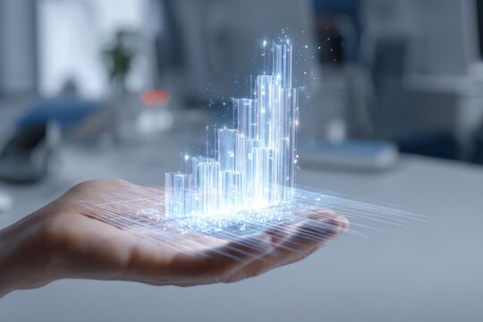A hand holding a translucent bar graph with glowing particles in a bright and futuristic setting