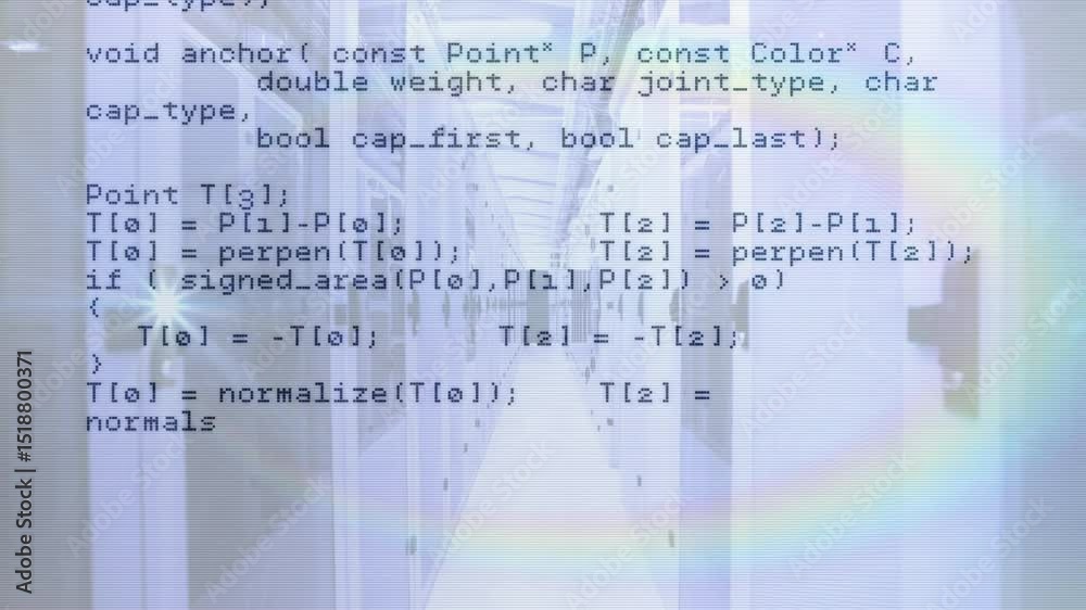 Poster opening with c++ code overlay scrolling across server aisle reading http data showing process