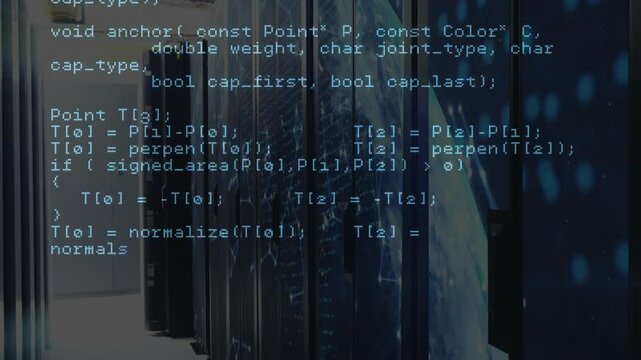 Code overlay appearing, scrolling through C++ routines while camera panning to reveal server racks