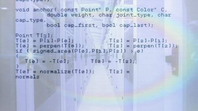 Opening with C++ code overlay scrolling across server aisle reading HTTP data showing process