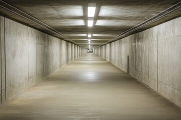 Long, symmetrical concrete tunnel illuminated by evenly spaced overhead lights