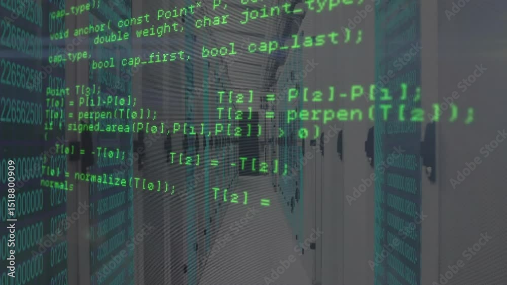 Poster overlay showing code flowing from network read via geometry math to intersection in server corridor