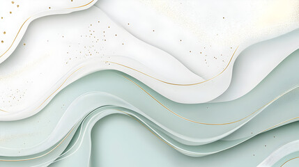 un diseño de ondas o textura en movimiento colores claros blanco y verde aqua elegante con lineas delicadas y finas doradas con salpicaduras de pintura dorada moderna cuadro decorativo diseño