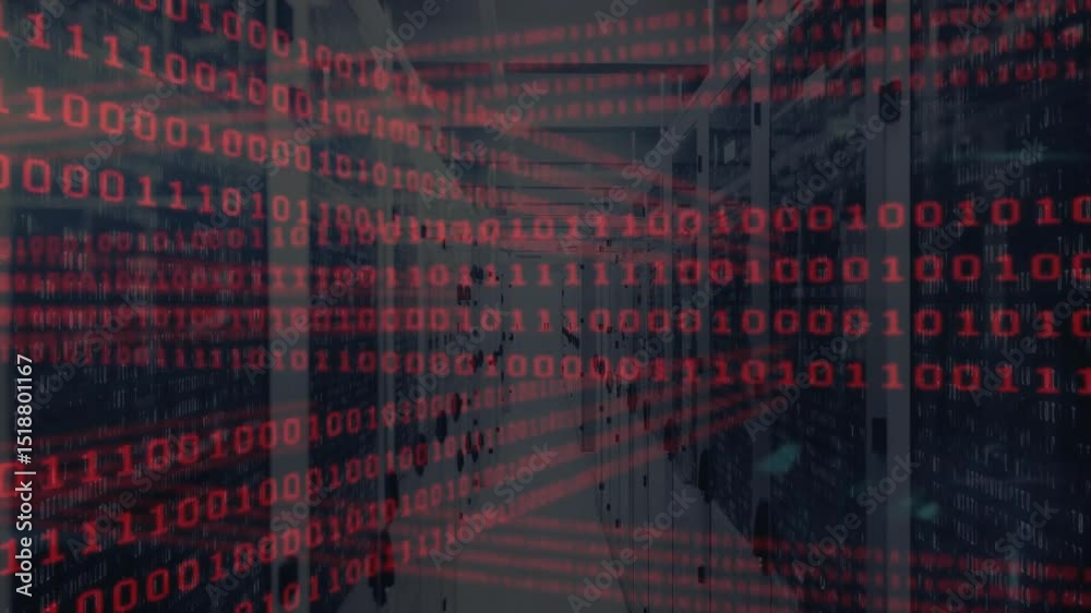 Poster opening server rack aisle activating red binary code scrolling across hall for showing data scan