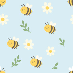 Seamless pattern with bee cartoon, daisy and leaves on blue background.