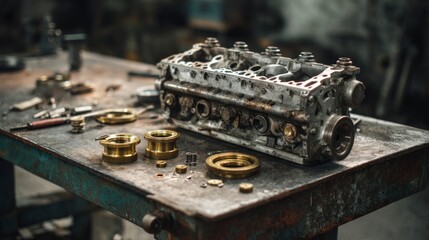 Disassembled engine parts on workshop table
