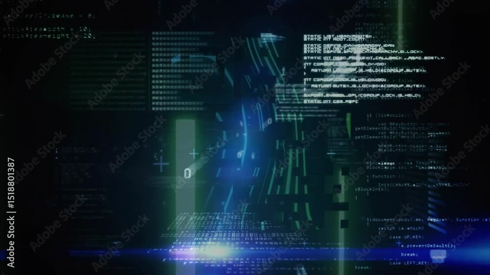 Poster on start scene showing code panels drifting flows arcing light column pulsing and prisms retracting