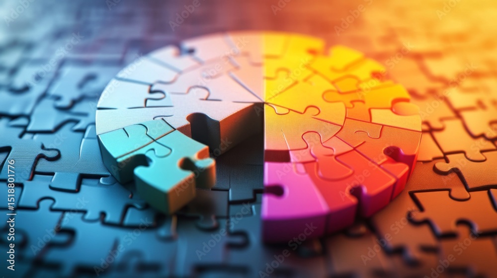 Poster d pie chart made of puzzle pieces, with each piece slightly lifted, symbolizing data integration