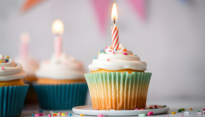 "Single candle birthday cupcake with sweet frosting", hyperrealism. isolated with white highlights