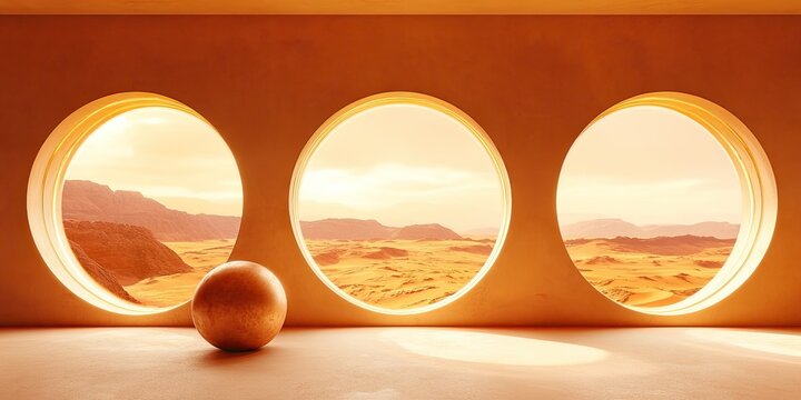 Interior scene with round windows overlooking a desert, & sphere