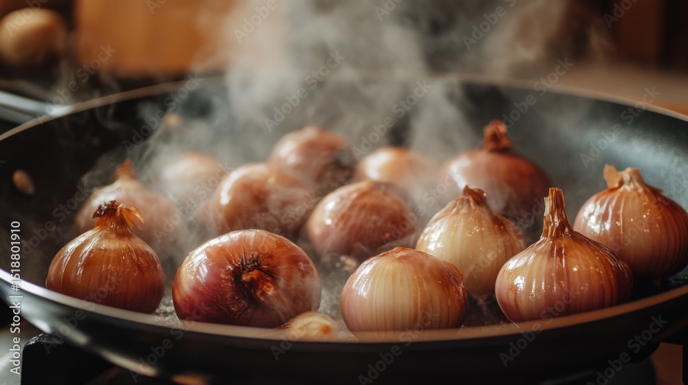 Poster an inviting image of shallots caramelizing in a pan, with golden brown colors and a hint of steam ri