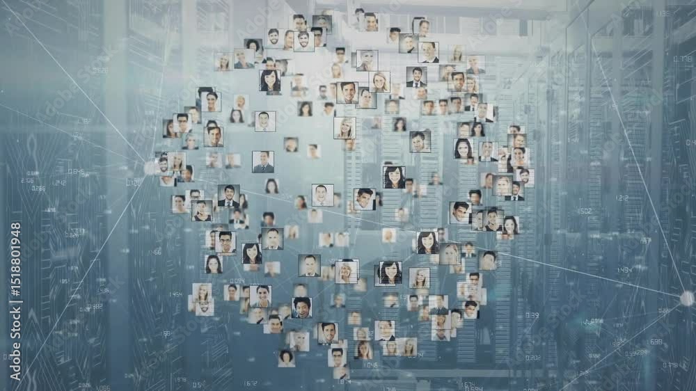 Poster Cluster of square headshots appearing in server racks forming rotating sphere mapping network flow