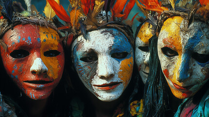 Obraz premium Festival performers with painted faces and tribal masks at Panafest, expressing ancestral memory, artistic identity, and the soulful essence of African heritage and storytelling