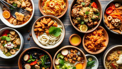 Aerial arrangement of diverse Asian cuisine in vibrant ceramic bowls, photo. isolated with white highlights