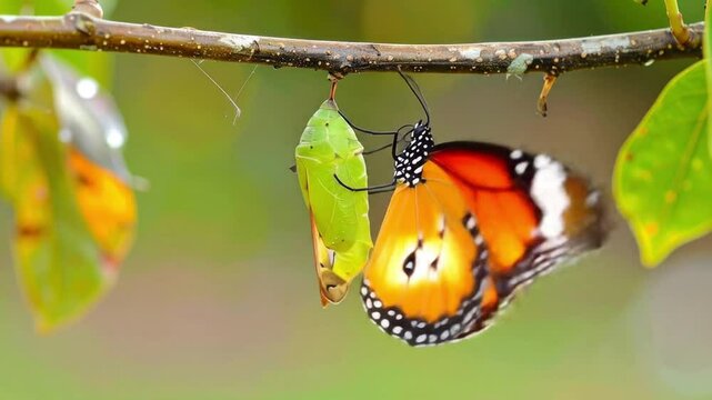 Butterfly emergence colorful insect breaks free from green chrysalis on branch