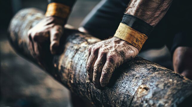 Close-up view of strong hands gripping a heavy log.