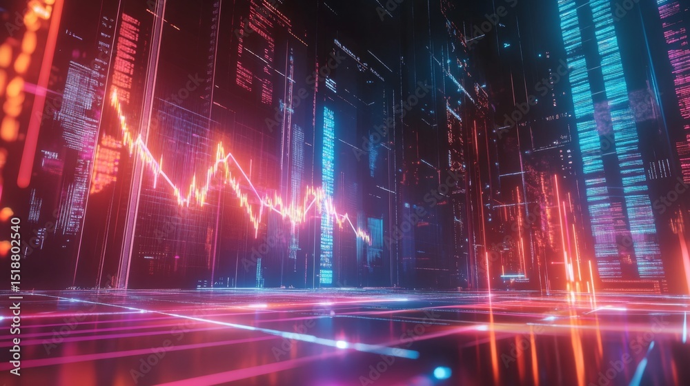 Aufkleber a d financial chart with rising columns and a glowing trendline, placed over a sleek digital grid wi