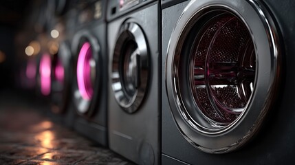 Neon Lit Laundromat at Night  Row of Washers Glowing