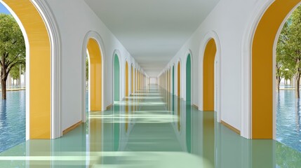 Modern Architecture  Long Corridor  Teal   Gold Archways  Flooded Landscape