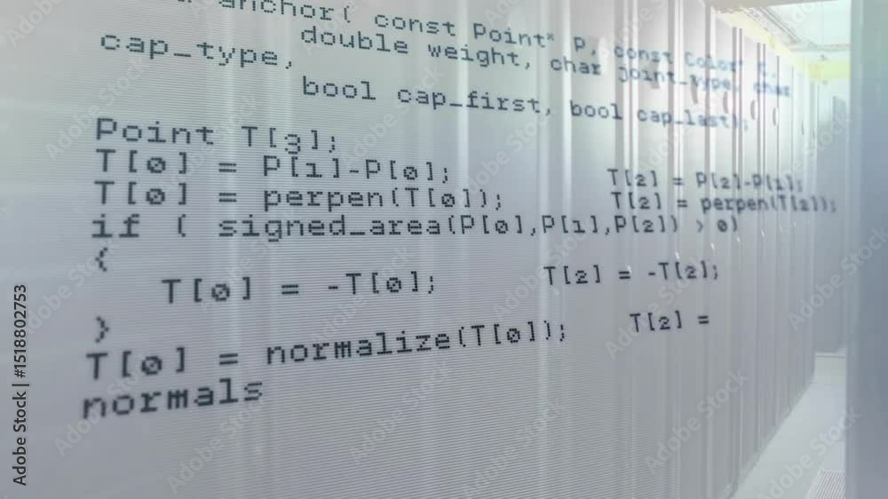 Poster opening translucent c++ code scrolling upward, revealing http response loop and geometry functions