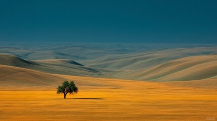 Solitary Tree in Rolling Hills Landscape  Dramatic Sky  Golden Field