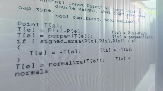 Opening translucent C++ code scrolling upward, revealing HTTP response loop and geometry functions