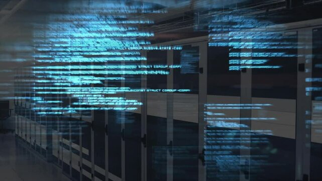 Blue code cluster appearing and drifting over server racks breaking apart fading to reveal cabinets