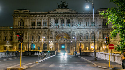 Fototapeta premium Palace of Justice night timelapse - courthouse building with Ponte Sant' Umberto bridge. Rome, Italy.