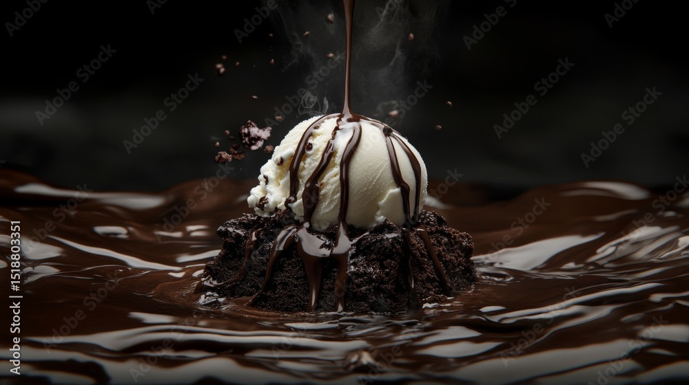 Poster a close-up of a chocolate brownie topped with a scoop of vanilla ice cream and drizzled with chocola