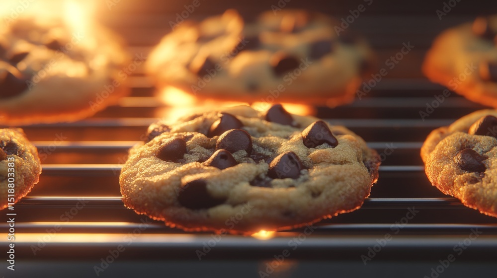 Poster a close-up of a chocolate chip cookie with gooey chocolate chips, fresh out of the oven, set on a co