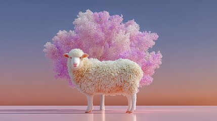 Fluffy Sheep by Pastel Tree  Dreamy Animal Scene  Soft Fur   Gentle Lighting  Studio Shot