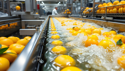 The advanced automated cleaning and sanitizing process for citrus fruits in a high-tech production facility., detailed. isolated with white highlights