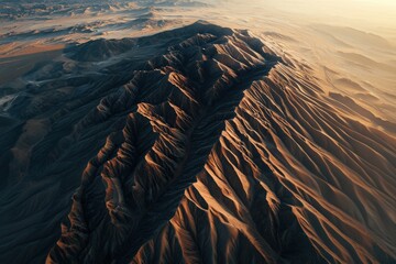 Aerial photography of desert cliffs, with dramatic shadows and layers of rugged terrain