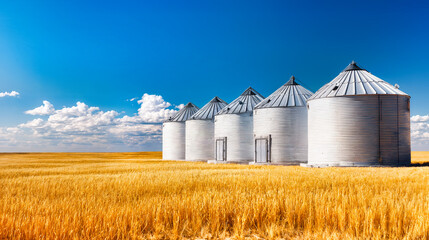 Row of metal grain storage silos in golden wheat field under blue sky, rural agricultural infrastructure facility landscape