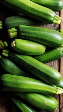 Close-up overhead shot of a fresh stack of green zucchini on rustic wooden planks, showing vibrant color, stems and texture.
