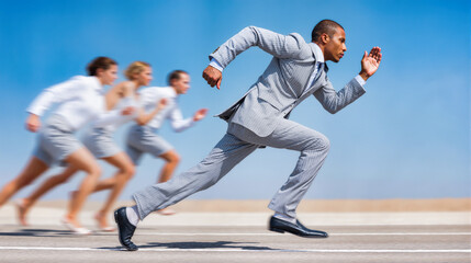 Business professional in grey suit running ahead of competitors representing corporate leadership, competitive advantage and winning performance strategy