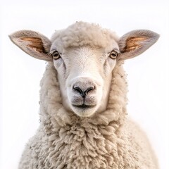 Fototapeta premium Curious Farm Livestock. Fluffy Sheep Portrait with Wool and Ewe Characteristics on White Background