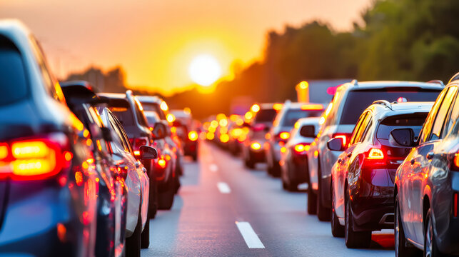 Traffic jam at sunset with cars in congestion, golden hour rush commute on busy highway with taillights and warm evening light