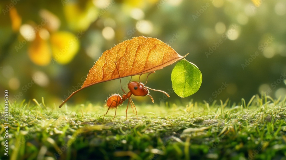 Poster a close-up view of an ant carrying a tiny leaf, showcasing its intricate body structure and details,
