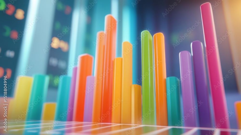 Leinwandbilder a colorful d bar chart with tall, gradient-colored bars rising from a digital financial dashboard, w