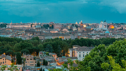 Fototapeta premium Panoramic view of historic center day to night timelapse of Rome, Italy