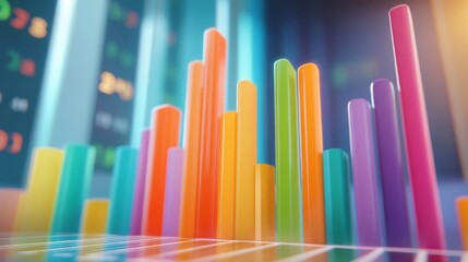 Fototapeta premium A colorful D bar chart with tall, gradient-colored bars rising from a digital financial dashboard, with numbers softly glowing in the background