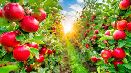 Obraz premium Red ripe apples hanging on tree branches in sunny orchard, fresh organic fruit harvest agriculture farming natural healthy food produce