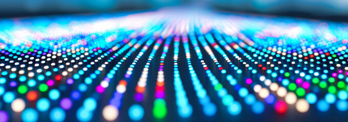 Colorful led dot matrix display with rainbow bokeh lights, digital pixel grid, technology background, cyber and electronic communication pattern
