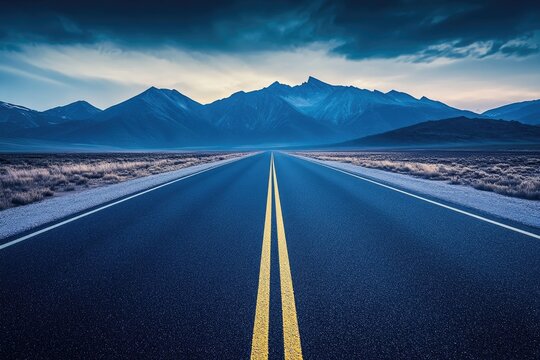 Road stretches to distant, snow-capped mountains under a moody, cloud-streaked sky - Powered by Adobe